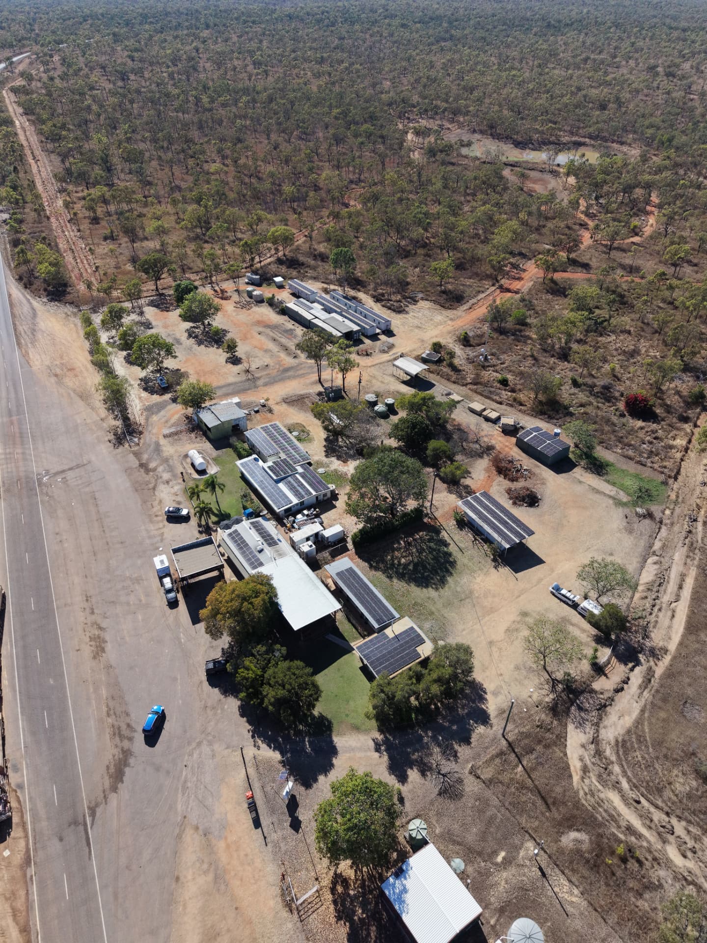 Aerial view of the 155 kW off-grid solar system at The Oasis Roadhouse